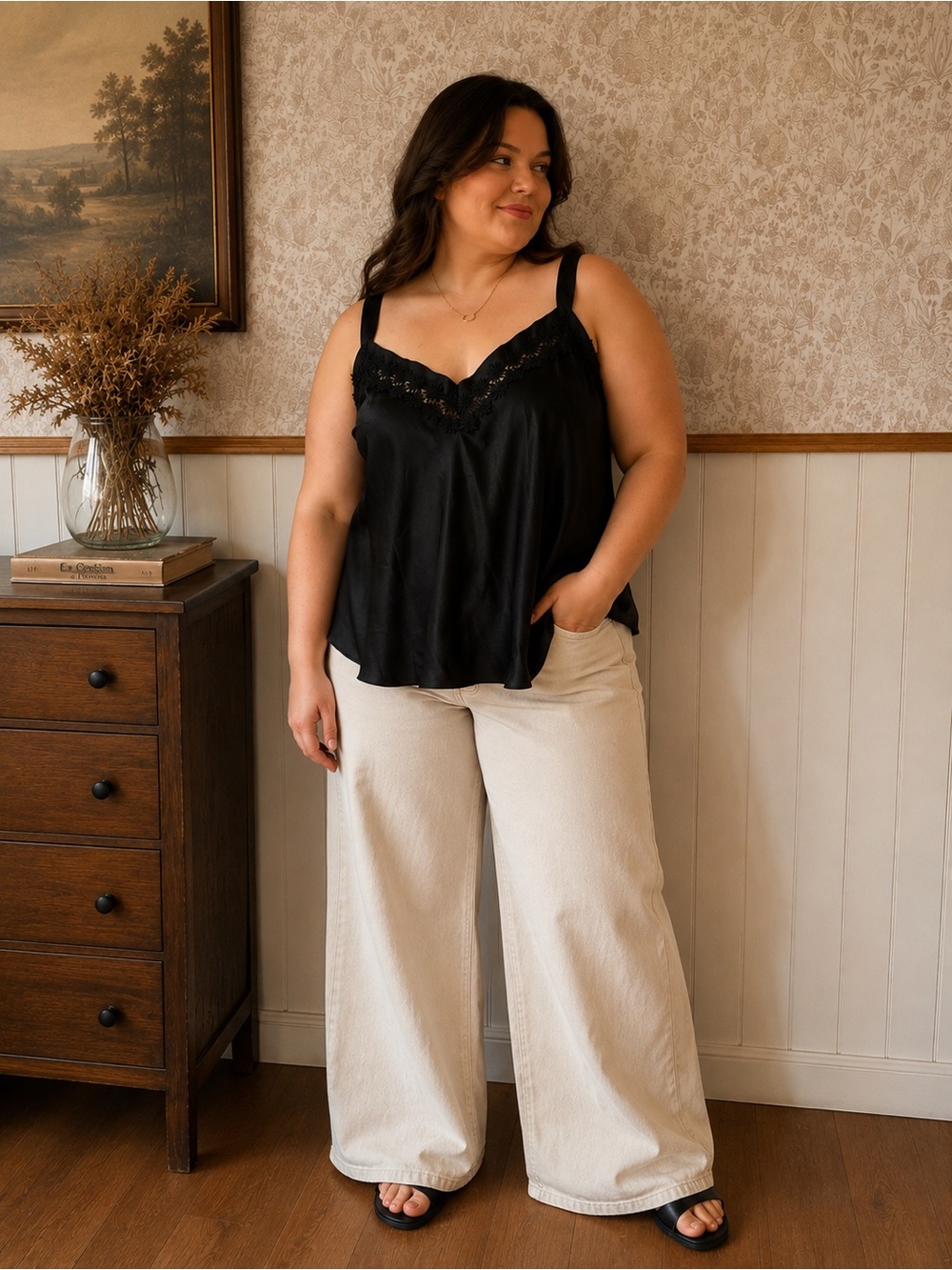 Vintage St. Michael Marks & Spencer Black Satin Lace Camisole – UK 20
